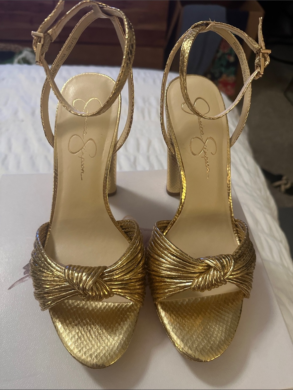 Jessica Simpson Metallic Gold Knotted Ankle-Strap Heels